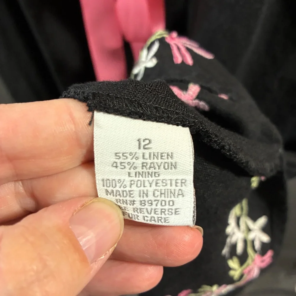 women linen Dress 12 black Floral Embroidered Midi Pink coastal beach cottage